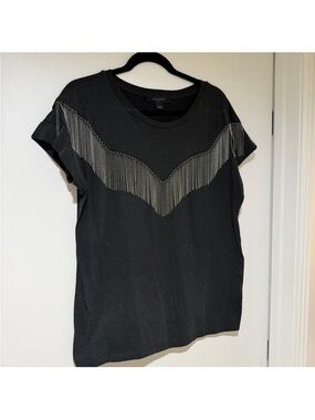 All Saints Black Tee with Metallic Fringe Detail
